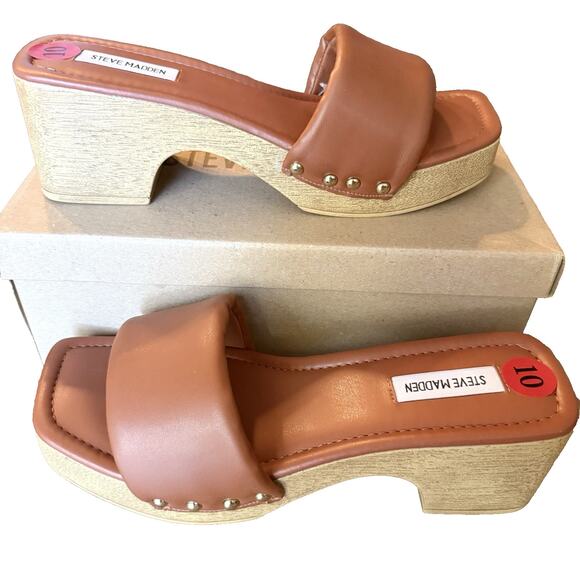 Steve Madden Womens 10 Chana Brown Wood Chunky Heels Platform Slide Sandals NEW - Picture 1 of 7